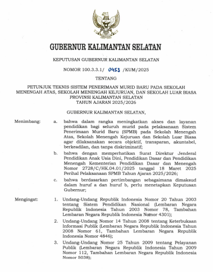 Surat Keputusan Gubernur Kalimantan Selatan tentang Juknis SPMB Tahun 2025